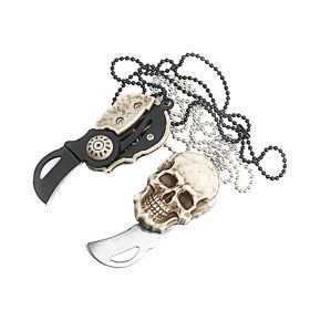 Pocket Mini Knife With Vintage Skull Design; Outdoor Camping Survival Tactical Knife; Necklace Keychain EDC Tool (Color: sliver)